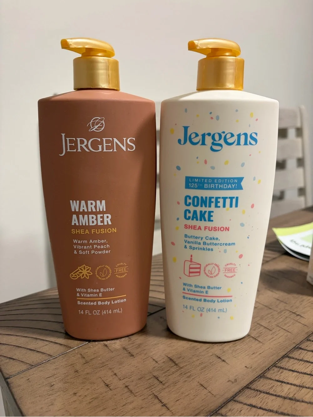 Jergens Warm Amber & Confetti Cake Shea Fusion Lotion Set - 14oz each NWT
